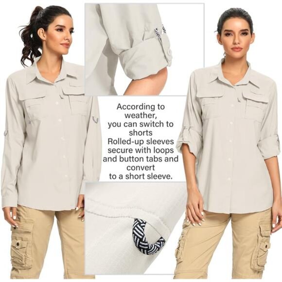 Women's UPF 50+ UV Sun Protection Safari Shirt, Long Sleeve Outdoor Cool Quick - Picture 3 of 7